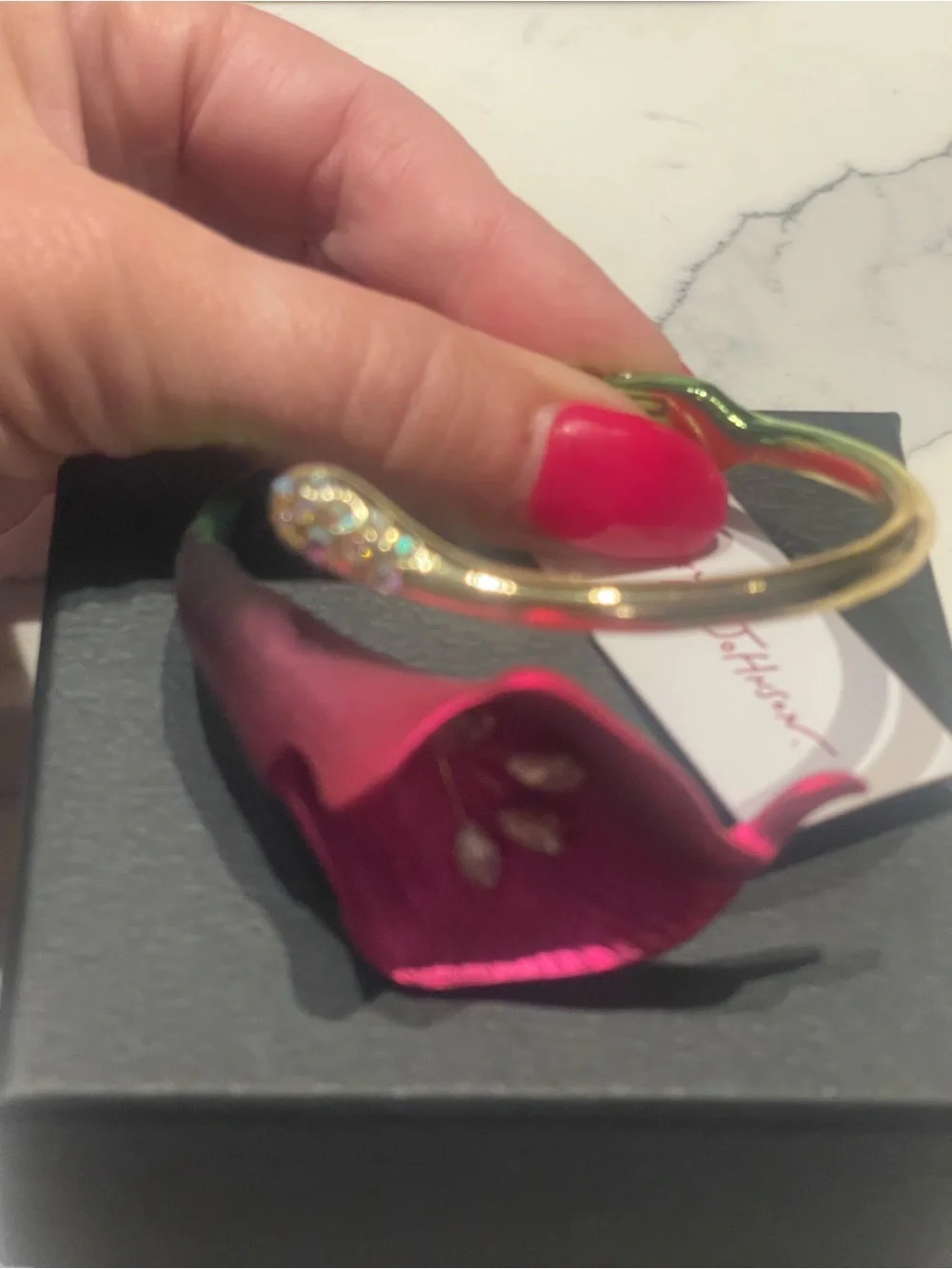 Betsey Johnson Red Calla Lily Flower Hinged Cuff Bracelet Crystal Gold Tone NWT